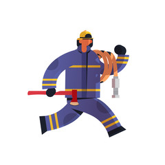 brave fireman running with axe and hose extinguishing fire firefighter in uniform and helmet firefighting emergency service concept flat white background full length