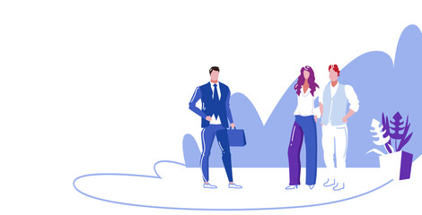 colleagues discussing new project during meeting businesspeople team standing together business communication concept sketch full length horizontal