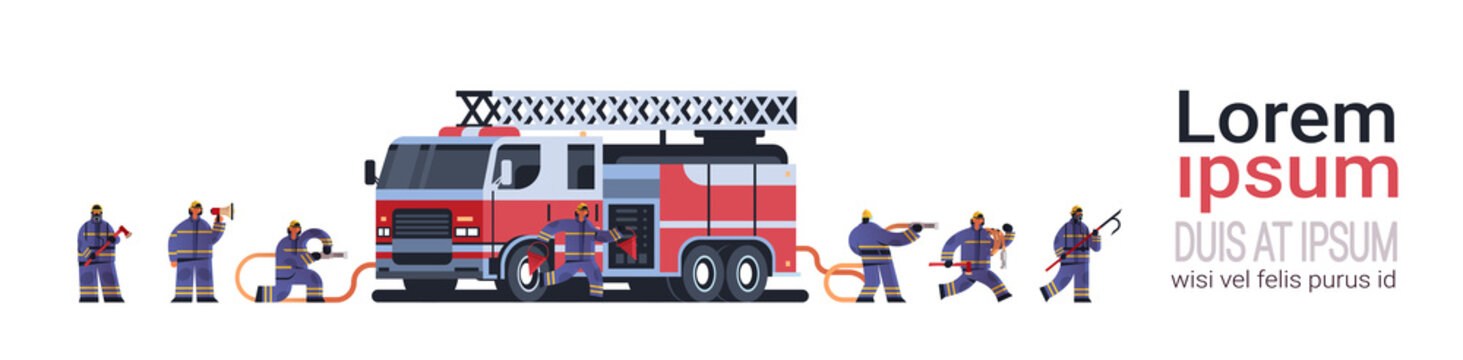 brave firemen at fire truck getting ready to extinguishing fire firefighters wearing uniform and helmet firefighting emergency service concept flat full length horizontal copy space