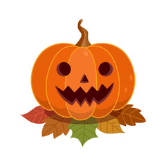 Halloween pumpkin on fallen leaves