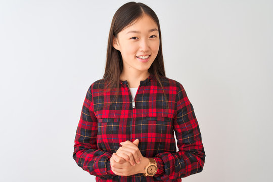 Young chinese woman wearing casual jacket standing over isolated white background with hands together and crossed fingers smiling relaxed and cheerful. Success and optimistic