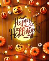 Wandcirkels aluminium Halloween poster with big lamp look like the moon and Halloween Elements on wood background.Party Invitation Concept in Traditional Colors.Website spooky,Background or banner Halloween template © Fotomay