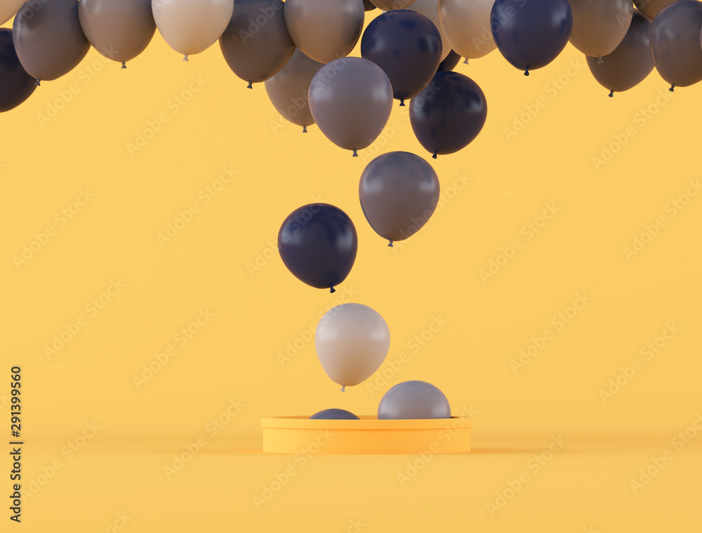 Poster various color of balloons floating out from the yellow pipe,minimal style,gift idea, 3d rendering.