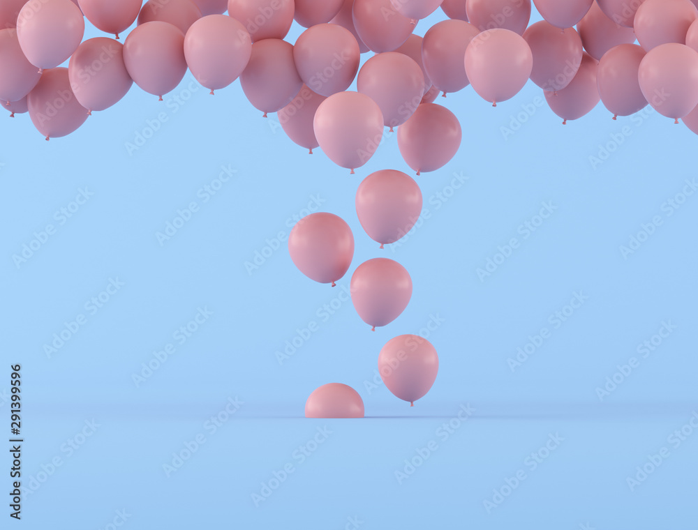 Poster pink color of balloons floating out from the floor,minimal style,gift idea, 3d rendering.