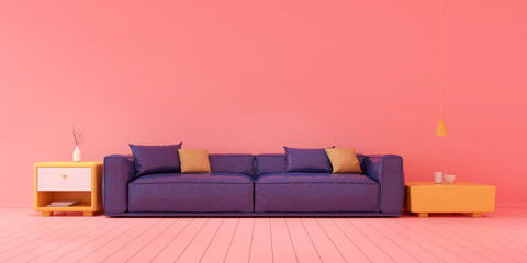 Mock up of blue sofa and yellow cabinet on pink room,minimal concept,small living room, 3D rendering.