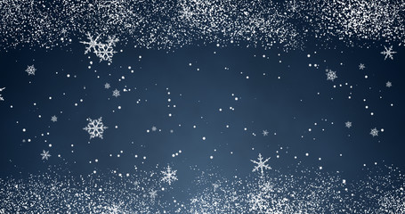 Snowflakes and bokeh lights on the blue Merry Christmas background. 3D render