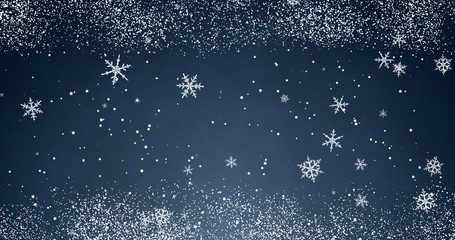 Snowflakes and bokeh lights on the blue Merry Christmas background. 3D render