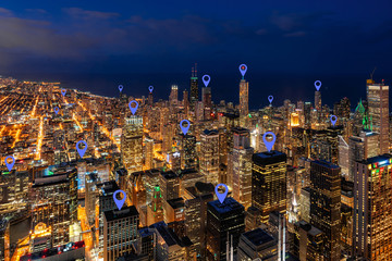 Map icon pin over Aerial view of Chicago cityscape skyscraper under the blue sky at beautiful...