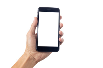 Hand man holding smartphone with blank screen isolated on white background with clipping path