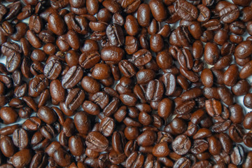 Many roasted coffee beans are laid