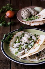 tacos with the brains of a cow, a sheep or a calf. Mexican food. dishes with offal. weird food