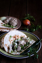 tacos with the brains of a cow, a sheep or a calf. Mexican food. dishes with offal. weird food