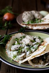 tacos with the brains of a cow, a sheep or a calf. Mexican food. dishes with offal. weird food