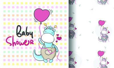 cute baby  dragon with  ballon with seamless pattern