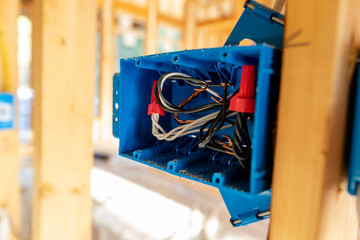 Close-up of Electrical box in new home construction, with negative space for copy
