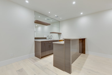 Interior design of a lower level room in the newly built house  for use as a game room or party room.