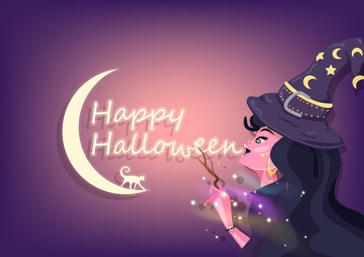 Happy Halloween greeting card, beautiful witch is casting magic, fantasy concept, poster, wizard cartoon character flat design  invitation vector