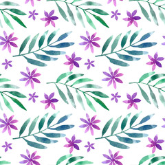 Seamless pattern with green twigs and violet flowers on white background,  floral watercolor background