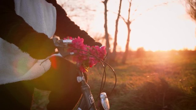 Panda driving a Minerva bycicle with flowers in 4k