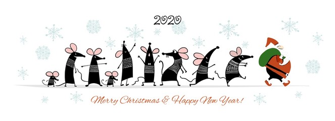 Christmas card with funny mouse and Santa in winter forest, symbol of 2020 year