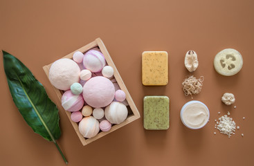 Spa composition with body care items on a colored background