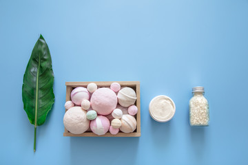 Spa composition with body care items on a colored background