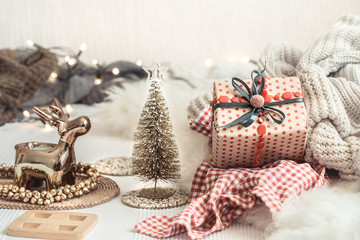 Christmas still life background with festive decor.