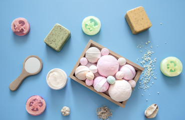 Spa composition with body care items on a colored background