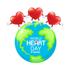 Red heart character on globe. World heart day. Health care concept. Icon design. Illustration isolated on white background.