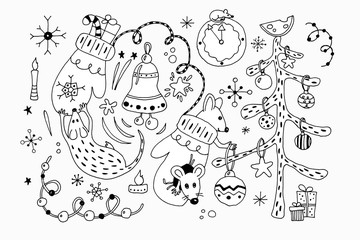 Big set of Hygge icons. Hand drawn vector illustration in scandinavian style. Winter, Cristmas and New Year elements for greeting cards, posters, stickers and seasonal design.