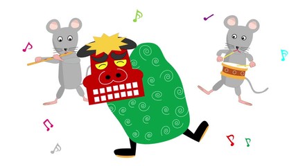 ２０２０年の新年の挨拶の動画。ネズミが獅子舞いを踊っている。