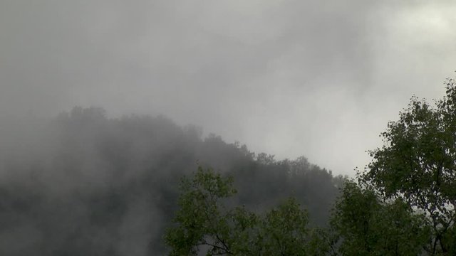 Mountain on a rany day with moving fog.