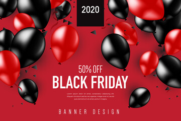 Black Friday Sale set of banner or flyer design with balloons and confetti on red background. Vector illustration. Place for text. - Vector