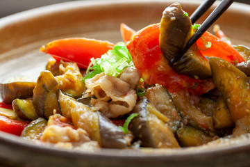 茄子とトマト、豚肉の炒め物