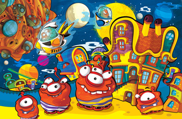 Fototapeta premium cartoon scene with some funny looking alien flying in ufo vehicle near some planet - white background - illustration for children