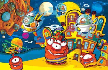 cartoon scene with some funny looking alien flying in ufo vehicle near some planet - white background - illustration for children