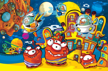 cartoon scene with some funny looking alien flying in ufo vehicle near some planet - white background - illustration for children