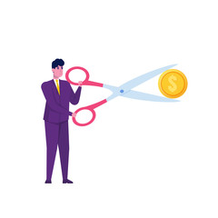 Businessman cut dollar coin.  Sale,Discounts symbol. Cost reduction or cut price. Vector illustration.