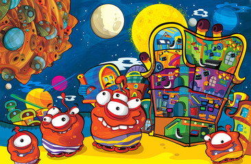 cartoon scene with some funny looking alien flying in ufo vehicle near some planet - white background - illustration for children