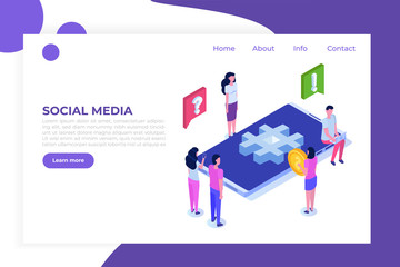 Social media isometric concept with characters.  Vector illustration.