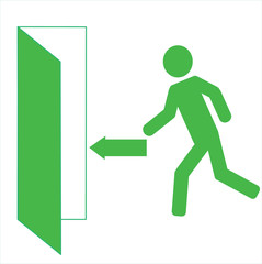 stick man running towards open door, emergency exit sign