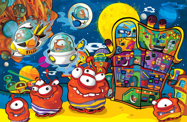 Obraz premium cartoon scene with some funny looking alien flying in ufo vehicle near some planet - white background - illustration for children