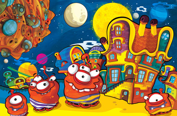 Fototapeta premium cartoon scene with some funny looking alien flying in ufo vehicle near some planet - white background - illustration for children