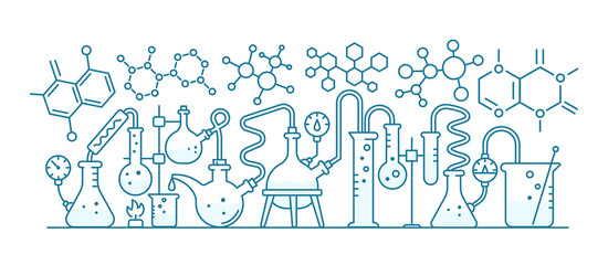 Chemical formulas. Chemistry education. Medical tests. Laboratory research experiments. Outline contour line vector.