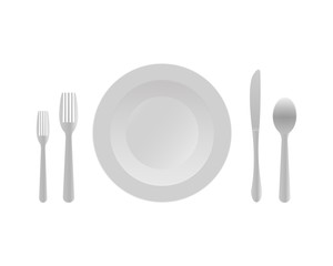Cutlery set template. Round plate, knife, fork, spoon. Vector illustration on a white background.