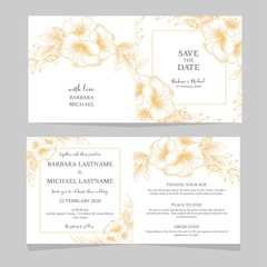 Wedding invitation card with golden vintage hibiscus flower