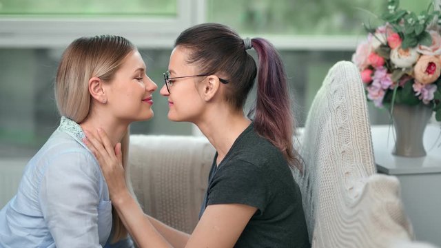 Attractive hipster woman kissing and hugging young charming female feeling homosexual love