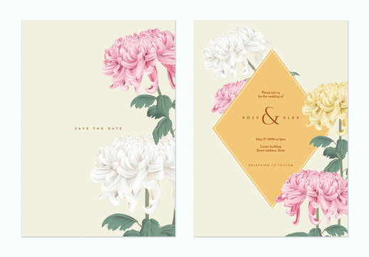 Floral wedding invitation card template design, Chrysanthemum morifolium flowers with yellow frame on light brown, vintage theme