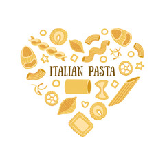 Italian Pasta Banner Template with Different Types of Traditional Pasta in Heart Shape, Can Be Used for Card, Menu, Packaging, Flyer, Certificate Vector Illustration