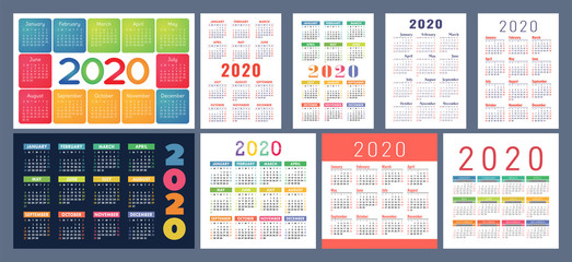 Calendar 2020 template. Calender design set. Vector square, horizontal and vertical layout. Colorful English collection. Week starts on Sunday